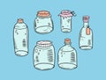 Hand drawn sketch transparent glass jar set doodle style vector illustration. Royalty Free Stock Photo