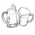 Hand drawn sketch of two toasting beer mugs. Cheers. Black and white vector illustration Royalty Free Stock Photo