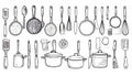 Hand-drawn sketch of various kitchen utensils and cookware, incl Royalty Free Stock Photo