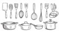 Hand-drawn sketch of various kitchen utensils and cookware, incl Royalty Free Stock Photo