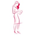 Hand drawn sketch vector of a dressed up woman in skirt suit and high heel shoes holding envelope purse.