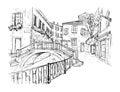 Hand drawn sketch vector illustration of the streets of Venice, Italy. Water channel with a bridge. Romantic cityscape. Tourism