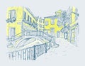 Hand drawn sketch vector illustration of the streets of Venice, Italy. Water channel with a bridge. Romantic color cityscape on