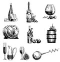 Hand drawn sketch vector wine set. Wine objects bottle, glass, barrel, grapes, corkscrew, sommelier. Royalty Free Stock Photo