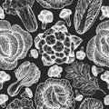 Hand drawn sketch vegetables. Organic fresh food vector seamless pattern. Retro vegetable background. Engraved style botanical Royalty Free Stock Photo