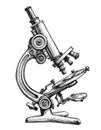 Hand drawn sketch vintage microscope. Medical tests, chemical laboratory concept. Vector illustration isolated