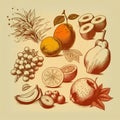 Hand drawn sketch vintage style fruits and berries set Royalty Free Stock Photo