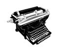Hand drawn sketch of vintage typewriter in black isolated on white background. Detailed vintage etching style drawing Royalty Free Stock Photo