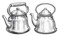 Traditional stainless steel retro teapot with handle. Hand drawn sketch vintage vector illustration