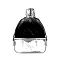 Hand drawn sketch of water hip flask in black isolated on white background. Detailed vintage etching style drawing.