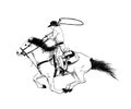 Hand drawn sketch of western cowboy on horse in black isolated on white background. Detailed vintage etching style drawing. Royalty Free Stock Photo