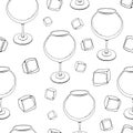 Hand-drawn sketch of wine glass. Seamless glassware background. Glassware pattern. Black and white style. Vintage. white Royalty Free Stock Photo