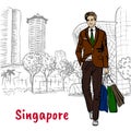 Woman and man with shopping bags on Orchard Road Royalty Free Stock Photo