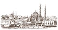 Hand drawn sketch of the world famous Blue mosque, Istanbul in illustration.