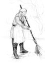 Hand drawn sketch of yardman with besom