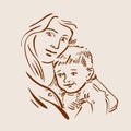 Hand drawn sketch young mother and child. Vector