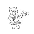 Hand drawn sketched illustration of cartoon bear with photo camera. Funny animal. Coloring book, card, poster element Royalty Free Stock Photo