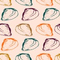 Hand drawn sketched sea shells in a horizontal rows seamless pattern on pastel pink background.