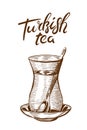 Hand drawn sketches of Glass of Turkish Tea. Gastro Symbols of Istanbul with lettering Turkish Tea.