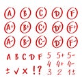 Hand drawn sketches of red grade notes and results isolated on white background.