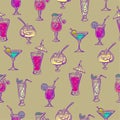 Hand drawn sketchy cocktail seamless pattern. Vector illustration
