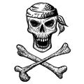 Hand drawn skull of a dead man in a bandana, with crossbones, on a white background. Vector illustration