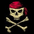 Hand drawn skull of a dead man in a red bandana, with crossbones, on a black background. Vector illustration Royalty Free Stock Photo