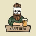 Hand-drawn skull hipster dude with mustache, beard with beer. Man with glass of alcohol. Vector logo. Sticker, logo