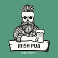 Hand-drawn skull hipster dude with mustache, beard with beer. Man with glass of alcohol. Vector logo. Sticker, logo