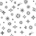 Hand drawn sky with doodle stars vector seamless background. Grunge outer space repeating pattern Royalty Free Stock Photo