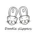 Hand-drawn slippers-cats. In doodle style, black outline isolated on a white background. For banners, cards, coloring books,