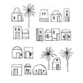 Hand drawn small houses and palm trees.