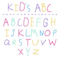 Hand drawn by small kid letters English ABC. Cartoon primitive child alphabet in simple doodle style