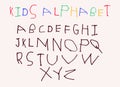 Hand drawn by small kid letters English ABC. Cartoon primitive child alphabet