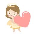 Girl angel standing and holding big red heart vector illustration Royalty Free Stock Photo