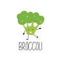 Hand drawn smiling broccoli character with arms and legs. Hand drawn name of vegetable.