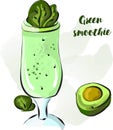 Hand drawn smoothie to go cup with avocado and mint illustration and lettering