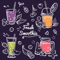 Hand drawn smoothies. Cup with detox drinks in different bottle collection, diet with fresh fruit and berries, smoothie