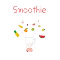 Hand drawn smoothies set includes pineapple, strawberry, banana, kiwi, tangerine, lemon and cherry. Blender with fruits.