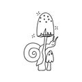 Hand drawn snail climbs on a mushroom. Goblincore print. Vector illustration in doodle style. Isolated on a white background