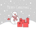 Hand-drawn snowman in a red scarf with gift boxes, snow falls.