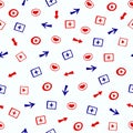 Hand drawn social media and live stream elements - pluses, like hearts, share arrows and play buttons as a seamless pattern on lig