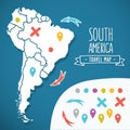 Hand drawn South America travel map with pins