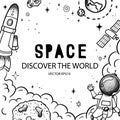 Hand drawn space banner template. Space doodle Vector illustration with cartoon rocket, planets, stars. Universe for your design Royalty Free Stock Photo