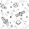 Hand drawn space banner template. Space doodle Vector illustration with cartoon rocket, planets, stars. Universe for your design. Royalty Free Stock Photo