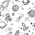 Hand drawn space banner template. Space doodle Vector illustration with cartoon rocket, planets, stars. Universe for your design. Royalty Free Stock Photo