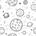 Hand drawn space banner template. Space doodle Vector illustration with cartoon rocket, planets, stars. Universe for your design. Royalty Free Stock Photo