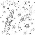 Hand drawn space banner template. Space doodle Vector illustration with cartoon rocket, planets, stars. Universe for your design. Royalty Free Stock Photo