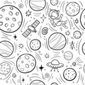 Hand drawn space banner template. Space doodle Vector illustration with cartoon rocket, planets, stars. Universe for your design.