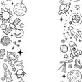 Hand drawn space banner template. Space doodle Vector illustration with cartoon rocket, planets, stars. Universe for your design. Royalty Free Stock Photo